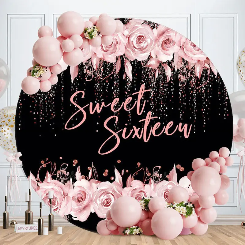 Sweet Sixteen Rose Black Round 16 Birthday Backdrop - Aperturee