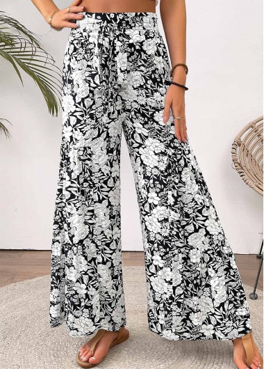 Modlily White Floral Print Wide Leg Elastic Waist Pants - S