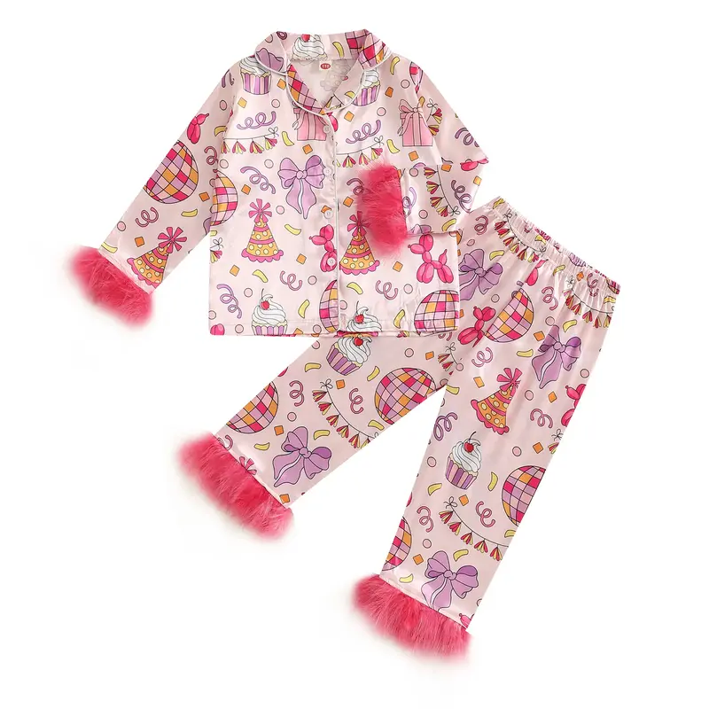 Toddler Baby Girl Birthday Pajamas Fuzzy Trim Button Long Sleeve Bow Print Shirt  Pants Set Kids 2pcs Loungewear Sleepwear