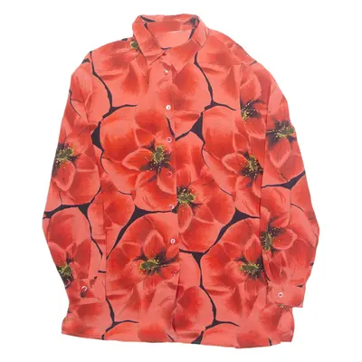 Womens Printed Shirt Red Collared Long Sleeve Silk Floral M