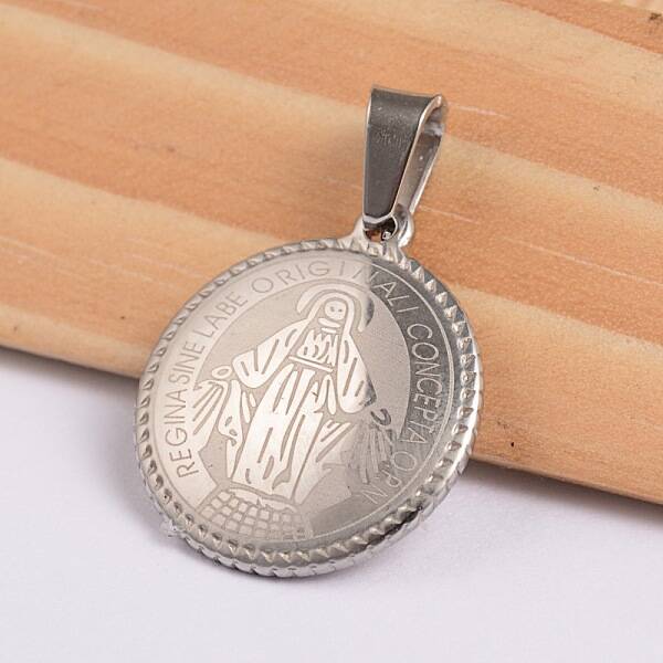 Flat Round with Virgin Mary & Word 304 Stainless Steel Pendants