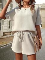 Women's Solid Color Crewneck Top & Shorts Two-piece Set, Casual Fashion Round Neck Top & Shorts for Daily Outdoor Wear, Ladie...