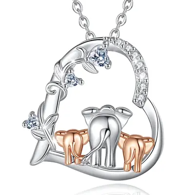 Eudora Family Elephant Pendant Necklace, Mother & Baby Elephant Heart Jewelry, RoseGold-Plated with Cubic Zirconia, Perfect G...