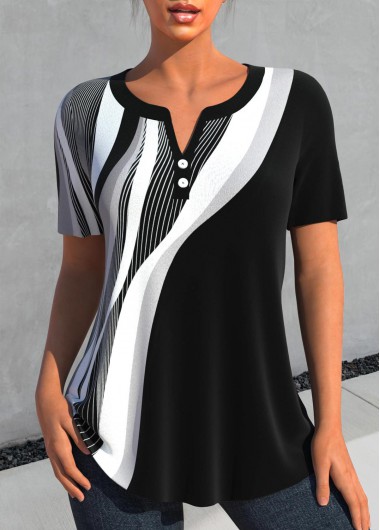 Modlily Black Button Geometric Print Short Sleeve Split Neck Blouse - L