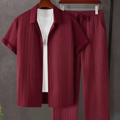 KZZ Men's Maroon Button-Front Shirt & Drawstring Pocket Trousers Set - Casual Short Sleeve Fitted Shirt & Elastic Waist Trous...