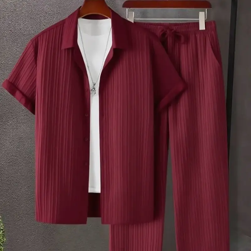 KZZ Men's Maroon Button-Front Shirt & Drawstring Pocket Trousers Set - Casual Short Sleeve Fitted Shirt & Elastic Waist Trous...