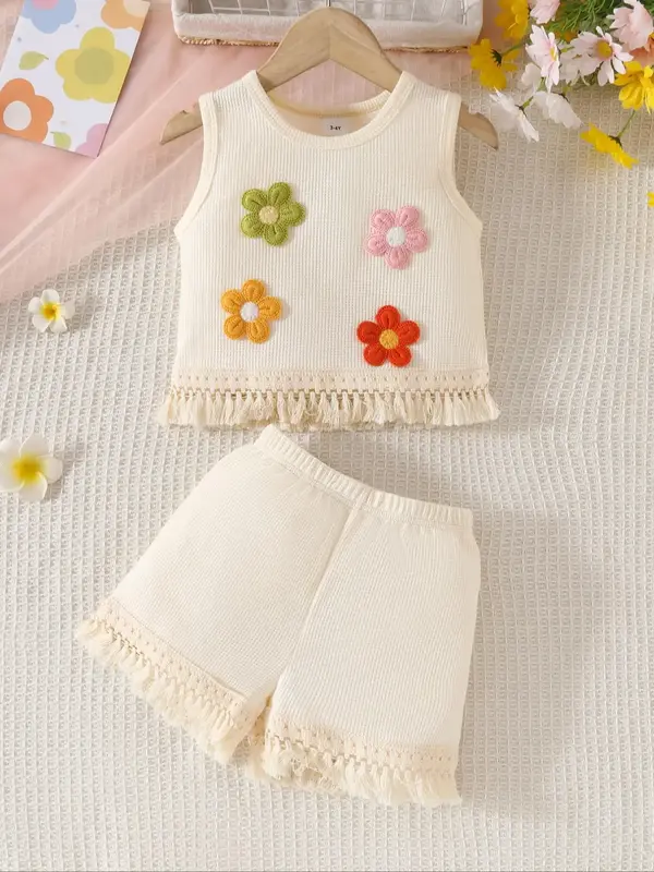 Two-piece Set Girl's Floral Embroidery Tank Top & Shorts, Cute Casual Sleeveless Round Neck Top & Shorts Outfit for Summer, K...