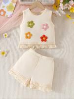 Two-piece Set Girl's Floral Embroidery Tank Top & Shorts, Cute Casual Sleeveless Round Neck Top & Shorts Outfit for Summer, K...