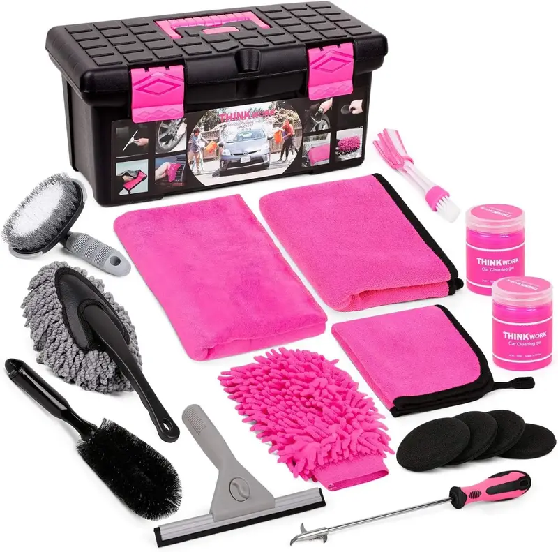 【Fall Deals For You】THINKWORK 17pcs Pink Car Detailing Brush Kit, Exterior/Interior Detail Kit Car Detailing Set, Profess...