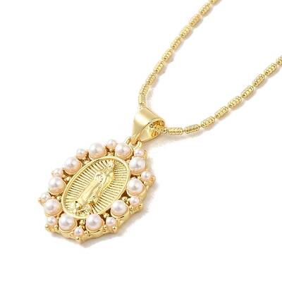 Oval with Virgin Mary Pattern Brass & Resin Pearl Pendant Necklaces for Women