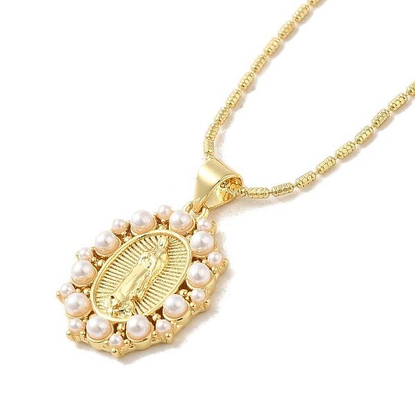 Oval with Virgin Mary Pattern Brass & Resin Pearl Pendant Necklaces for Women