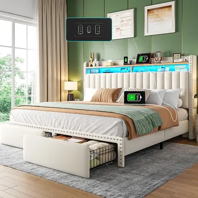 【Live】Raybe Furniture Upholstered Bed Frame with LED & Charging Station & 2 Drawers, MATTRESS NOT INCLUDED, Twin, Full, K...