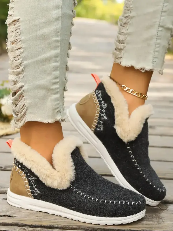 Women's Fashionable Patchwork Design Slip on Sneakers, Casual Comfortable Warm Soft Sole Shoes for Fall & Winter, Female All...