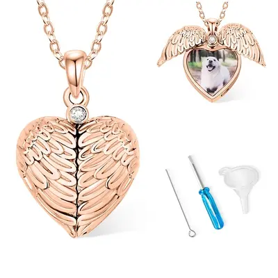 Sterling Silver with Rose Gold Plated Cubic Zirconia Personalized Photo Angel Wing Urn Necklace for Ashes