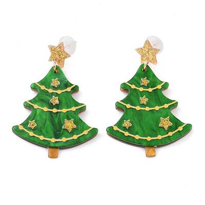 Glitter Star Christmas Tree Acrylic Dangle Stud Earrings