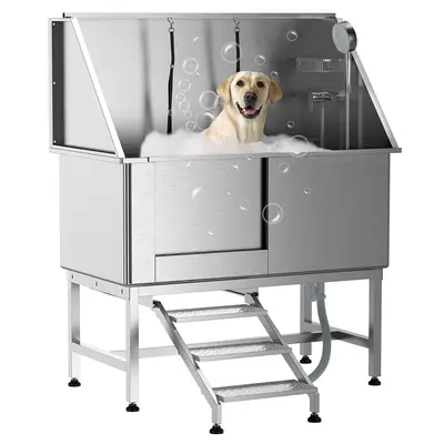 Garvee 50 Dog Grooming Bathtub, Professional Stainless Steel Pet Dog Bathing Station for Large Pets, Left Door & Stairs wit...