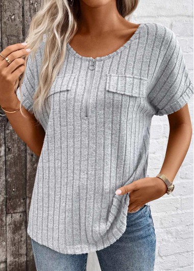 Modlily Light Grey Marl Zipper Short Sleeve V Neck Blouse - S