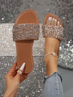 Women's 2024 Summer Rhinestone Decorated Sandals, Fashion Casual Comfortable Non-slip Beach Vacation Sandals, Female Classi...