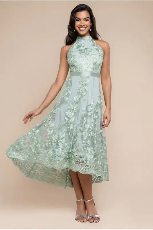 Goddiva Halter Neck Lace High And Low Dress - Sage Green