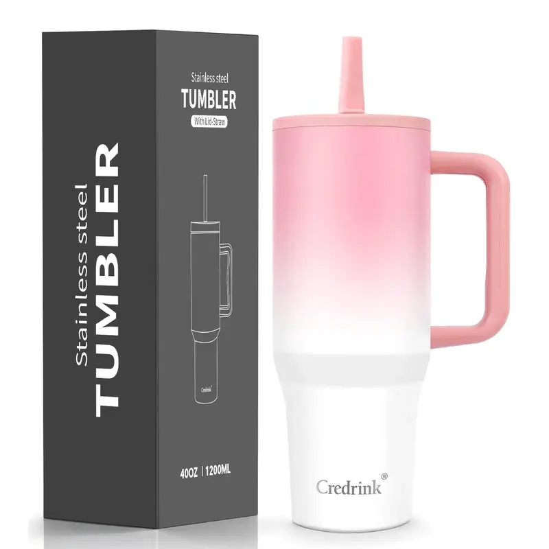 40 oz Water Bottle with Handle & Flip Straw - Fits in Cup Holder, Leak Resistant Tumbler-Reusable Insulated Stainless Steel