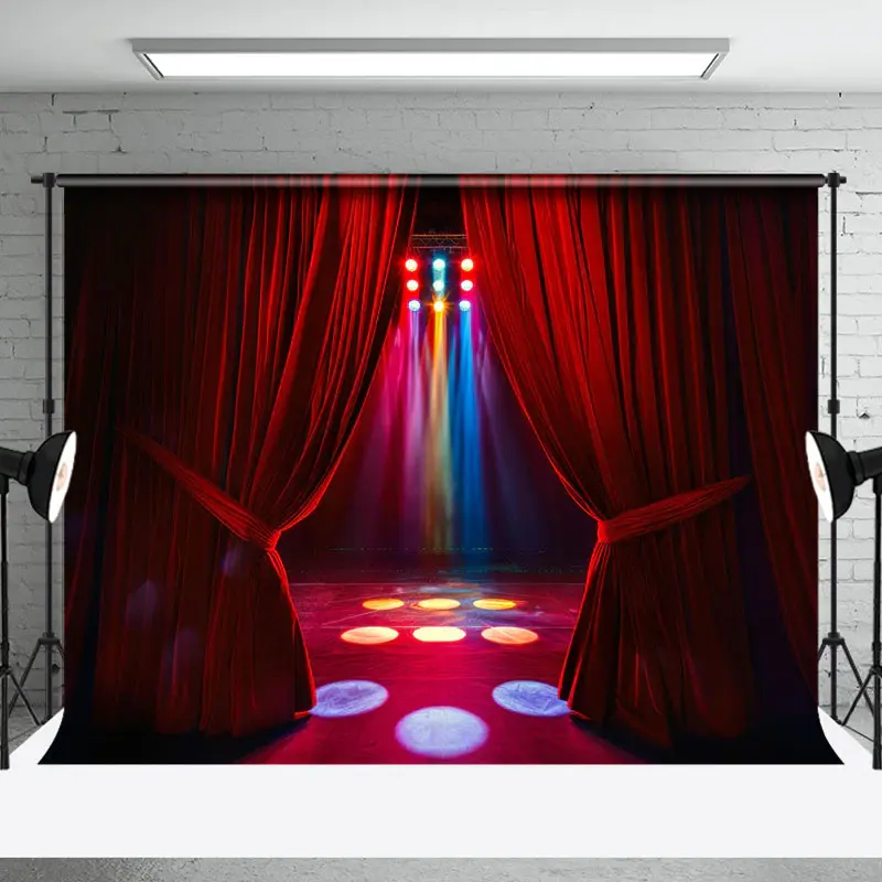 Red Curtain Colorful Spotlight Stage Photo Backdrop
