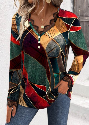 Modlily Multi Color Embroidery Geometric Print Long Sleeve T Shirt - XL