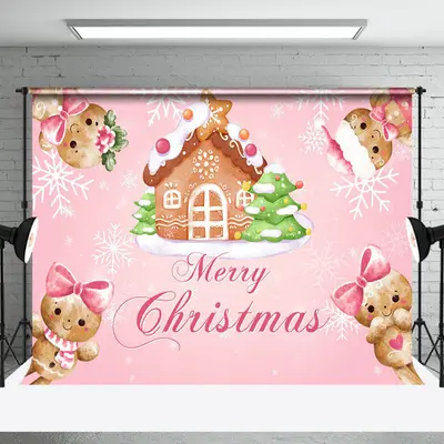 Pink Gingerbread House Merry Christmas Backdrop - Aperturee