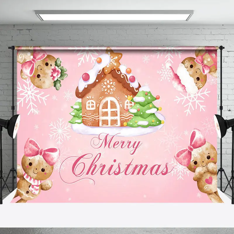 Pink Gingerbread House Merry Christmas Backdrop - Aperturee