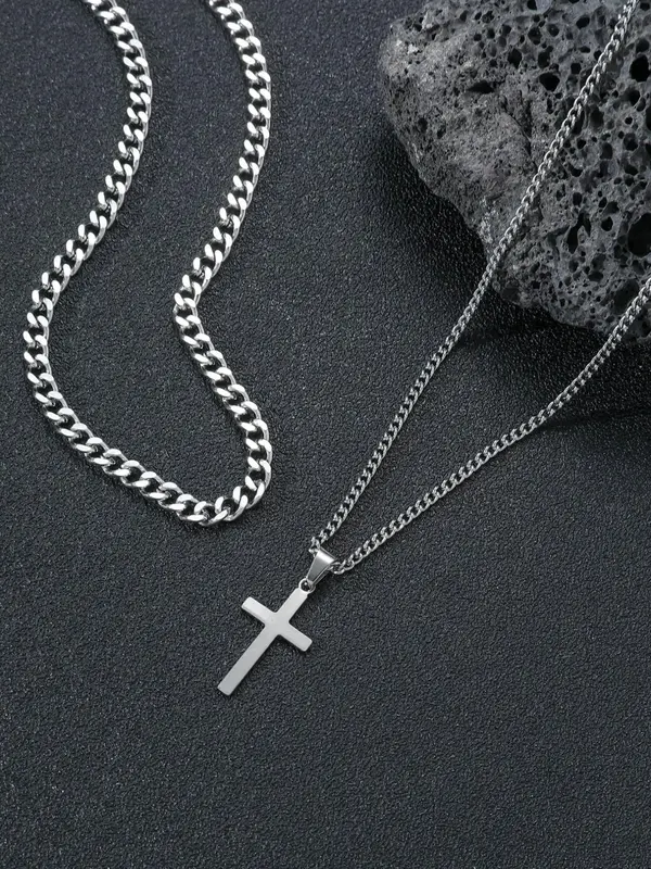 2024 Punk New Cross Pendant Necklace for Men, New Stainless Steel Matching Necklace Jewelry, Vintage Chunky Chain Necklace fo...