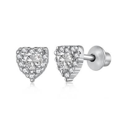 Rhodium Plated 925 Sterling Silver Micro Pave Cubic Zirconia Heart Stud Earrings for Woman