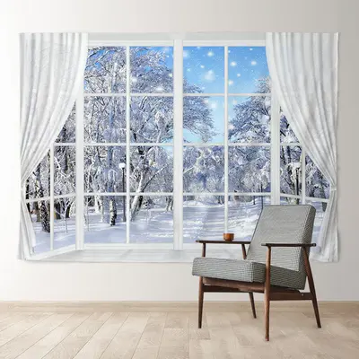 Aperturee White Curtain Window Snowy Forest Winter Backdrop