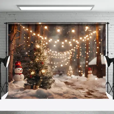 Aperturee Cozy Light Bokeh Tree Lane Snowman Christmas Backdrop