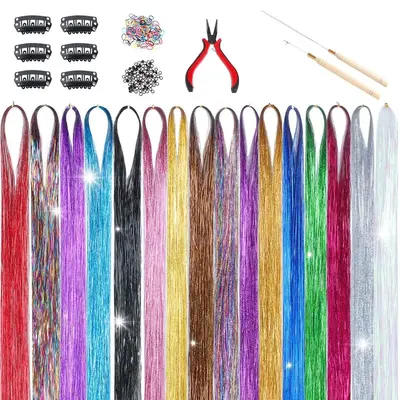 16 Colors Tinsel Hair Extensions with Tools 16pcs/set 3200 Strands, Fairy Hair Tinsel Kit