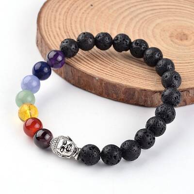 Buddha Head Natural Lava Rock Beaded Chakra Stretch Bracelets