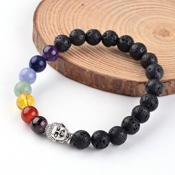 Buddha Head Natural Lava Rock Beaded Chakra Stretch Bracelets