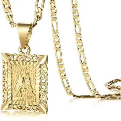 KISSYAN Initial Pendant Necklace for Men Womens, 14K Gold Plated Square Letter Capital Necklace Alphabets from A-Z Figaro Cha...