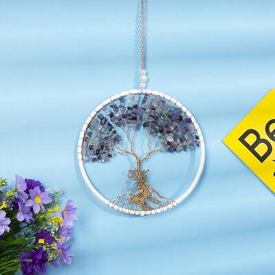 Natural Fluorite & Amethyst Chips Tree of Life Pendant Decorations