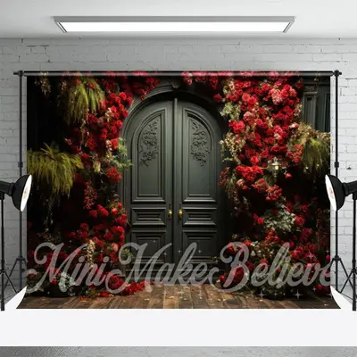Red Rose Wood Delicated Green Door Floor Backdrop - Aperturee