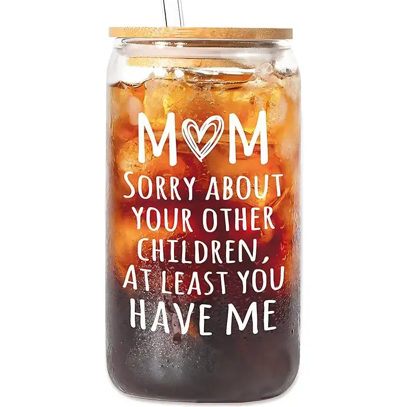 16oz Glass Cup with Straw & Brush, 1 Count Mom Letter Pattern Glass Cup, Drinking Cup for Home Office School Use, Gift for Mo...