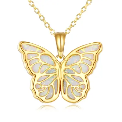 Sterling Silver with Gold Plated Opal Butterfly Pendant Necklace