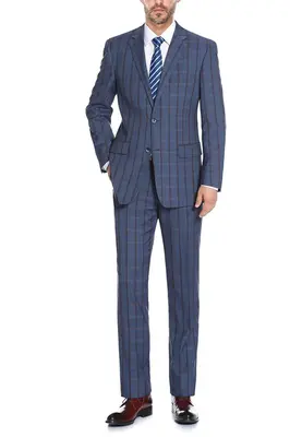 Blue Windowpane Plaid Classic Fit Men's Suit - Two Button Stretch