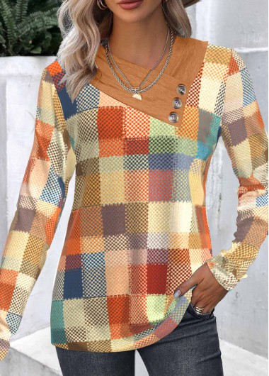 Modlily Multi Color Patchwork Geometric Print Long Sleeve Sweatshirt - M