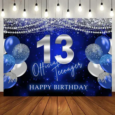 Blue Silver Balloon Glitter 13th Birthday Backdrop - Aperturee
