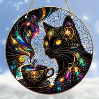 Cat & Coffee Pattern Sun Catcher, Round Acrylic Hanging Decor, Durable and Lightweight Hanging Ornament for Office, Room, Kit...