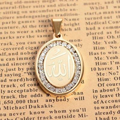 304 Stainless Steel Crystal Rhinestone Flat Oval with Allah Pendants