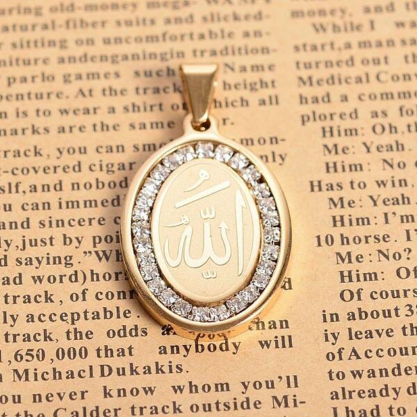 304 Stainless Steel Crystal Rhinestone Flat Oval with Allah Pendants