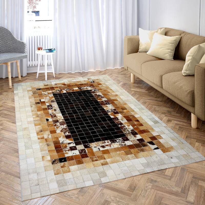 Beige & Brown Patchwork Cowhide Carpet
