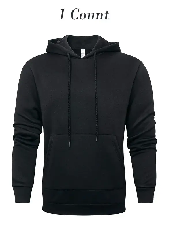 Men's Solid Drawstring Pocket Sport Hoodie, Casual Regular Fit Long Sleeve Hooded Sweatshirt for Fall & Winter, Men's Sportsw...