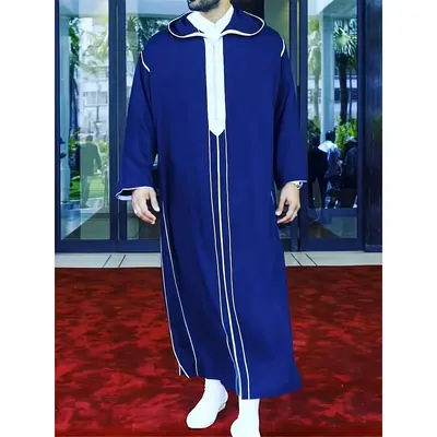 Moroccan Men'S Hooded Kaftan, Polyester 100%, Elegant Traditional Non-Stretch Striped Fabric, Loose Fit, with Fake Button Det...