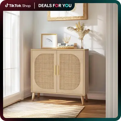 【Laborday】Rattan Storage Cabinet，Accent Bathroom Floor Cabinet，with Two Doors and 4 compartments for Storage，for Li...